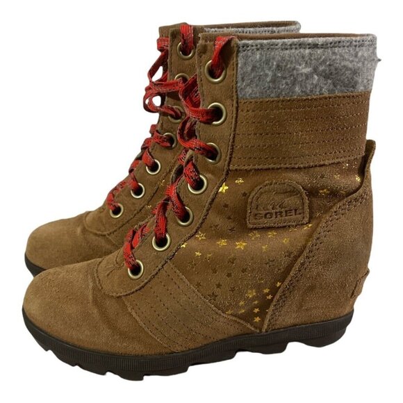 SOREL boots girls size 3 brown wedge style red laces RB - Picture 1 of 6